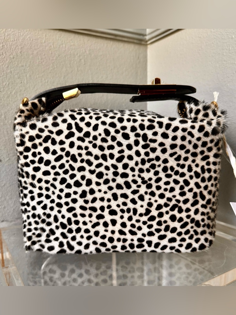 Faux Fur Black & light tan Leopard Mini Top-Handle Bag